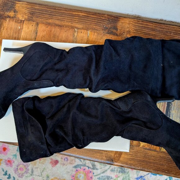 90s Vintage Sketchers Faux Suede Cuffed Tapered Heel Knee High Slouch Boots - Picture 1 of 4